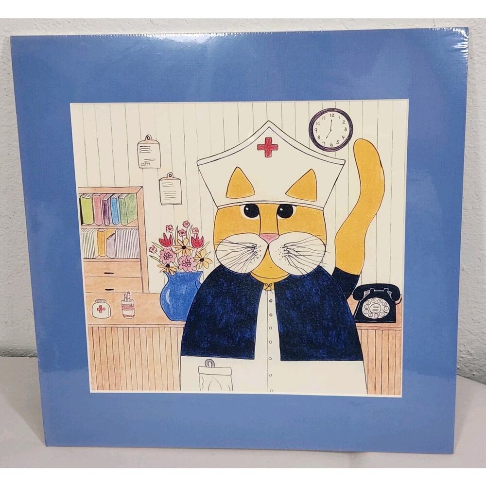 Vtg Cat Art Nurse Cartoon Signed Print Whimsical Office Decor Gift Grad Pet Boss